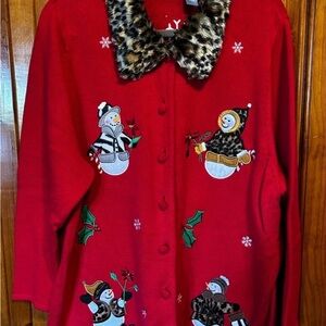 Liz & Me Red Cardigan with Snowman Design